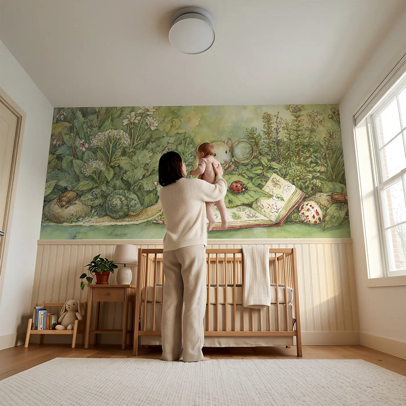 Child reading near Mouse Garden Bug Hunt Wainscoting Wallpaper by Whimsy Tots
