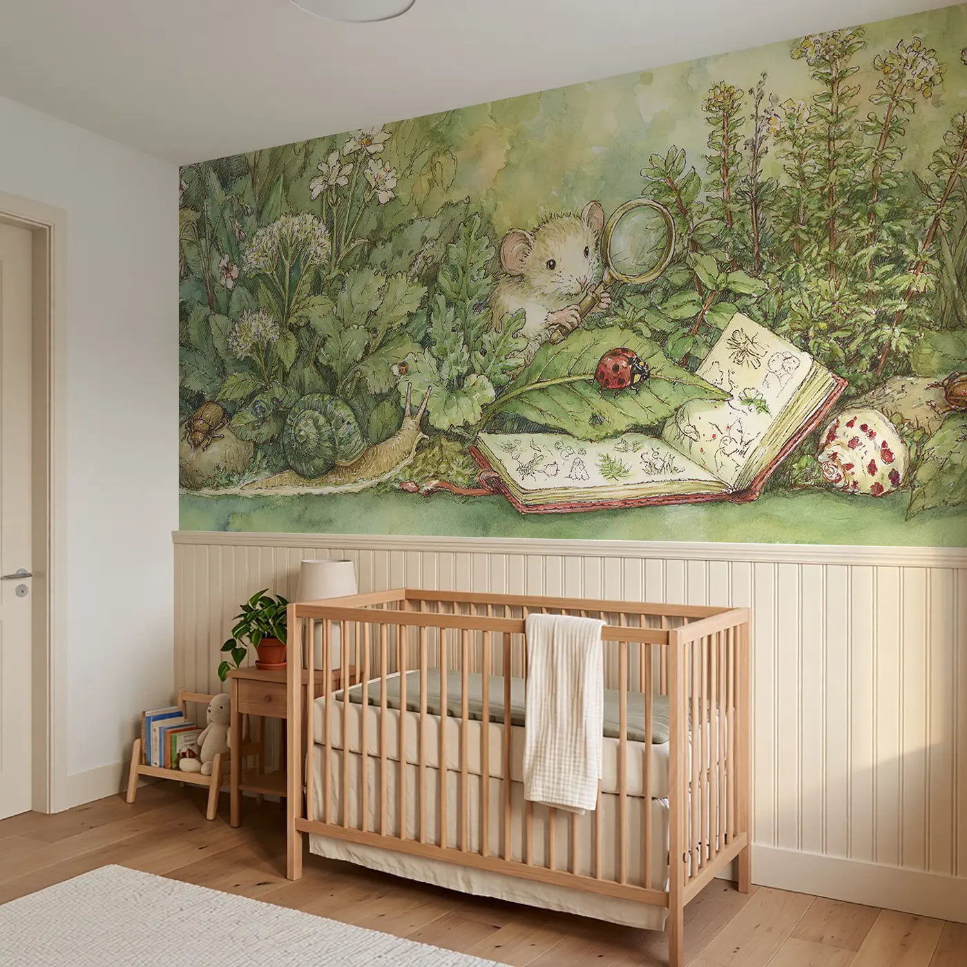 Mouse Garden Bug Hunt Wainscoting Wallpaper styled in a kids bedroom by Whimsy Tots