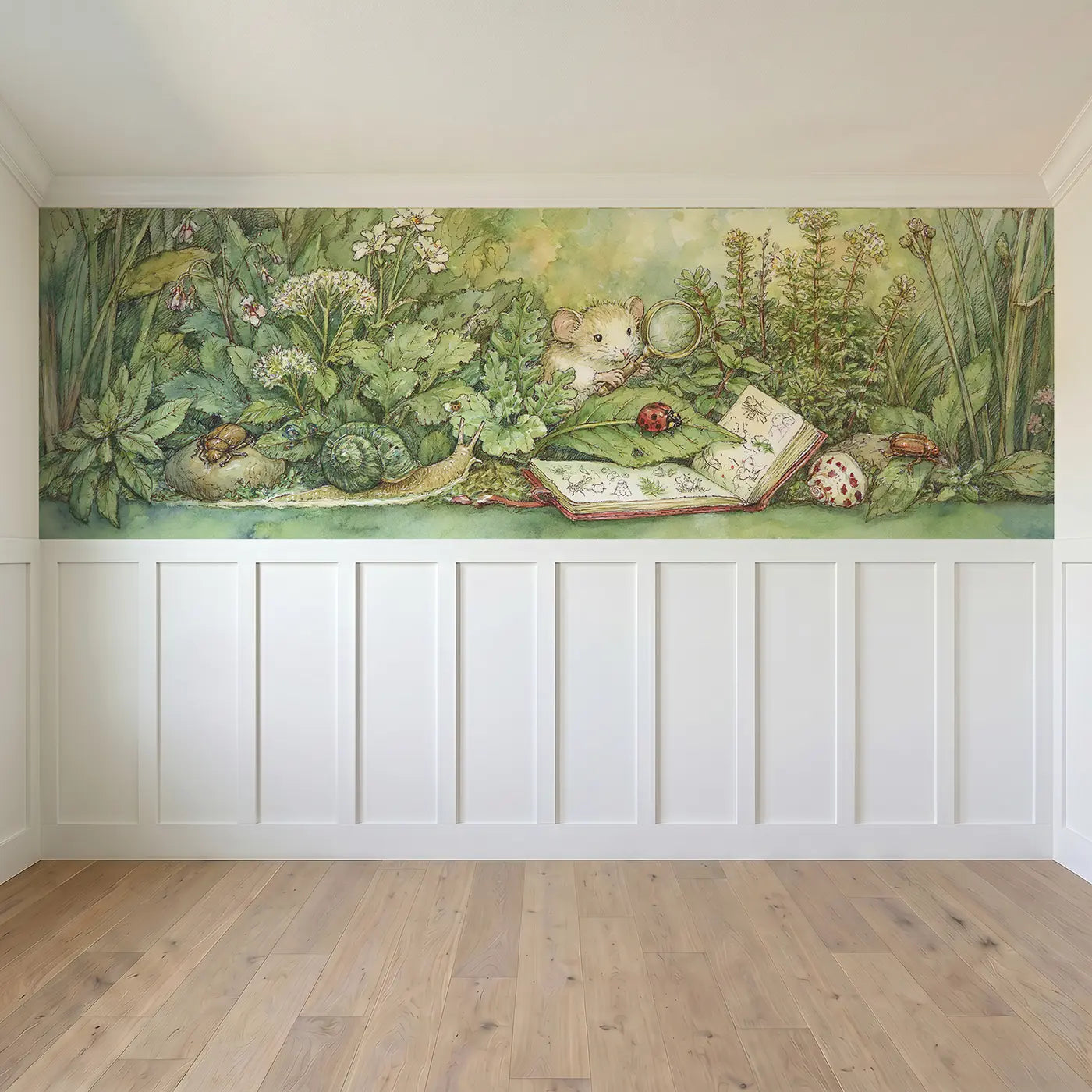 Full panel view of Mouse Garden Bug Hunt Wainscoting Wallpaper by Whimsy Tots