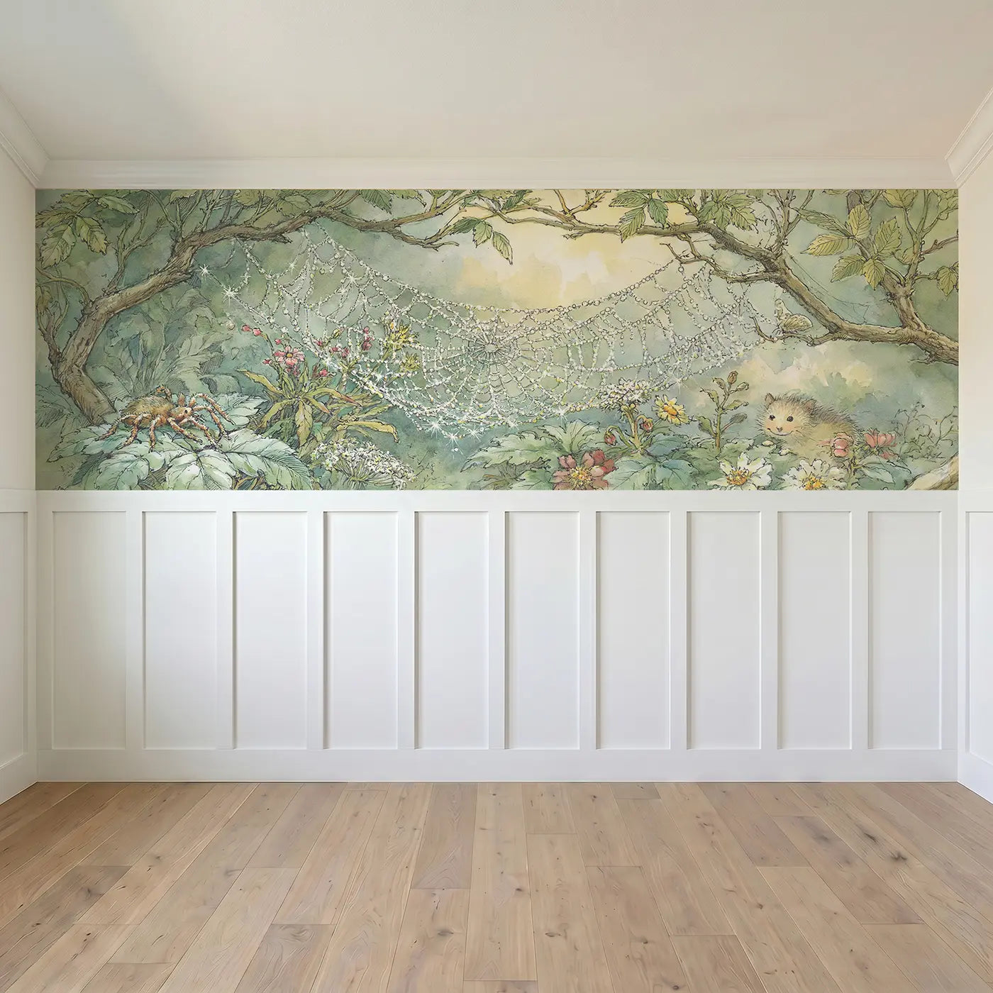 Full panel view of Spider Web Morning Dew Wainscoting Wallpaper by Whimsy Tots