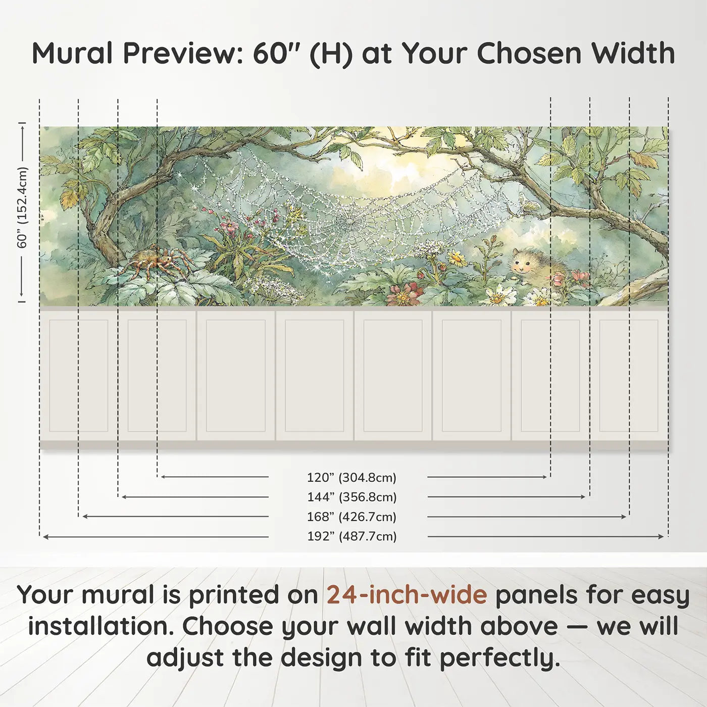 Panel dimensions for Spider Web Morning Dew Wainscoting Wallpaper by Whimsy Tots