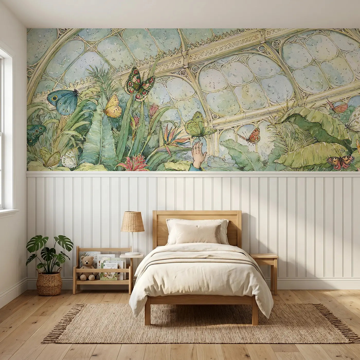 Storybook butterfly greenhouse glass wainscoting wallpaper for bedroom by Whimsy Tots