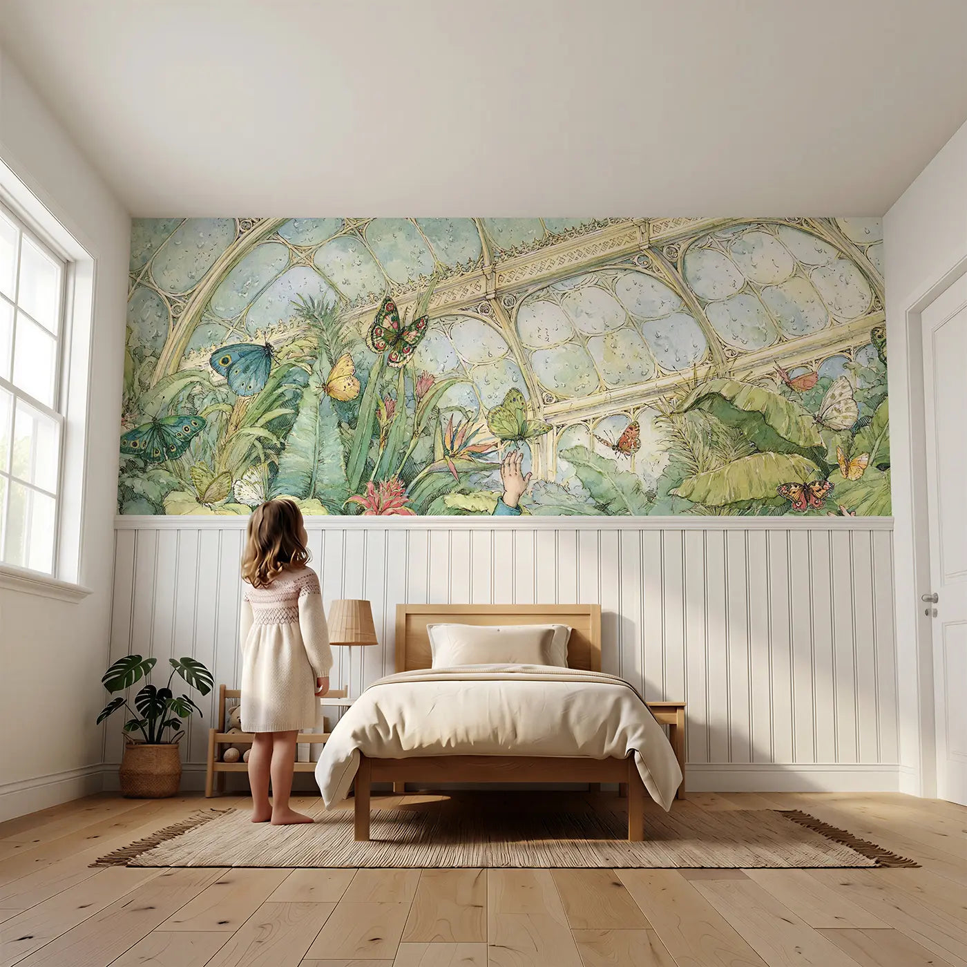 Child reading near Butterfly Greenhouse Glass Wainscoting Wallpaper by Whimsy Tots