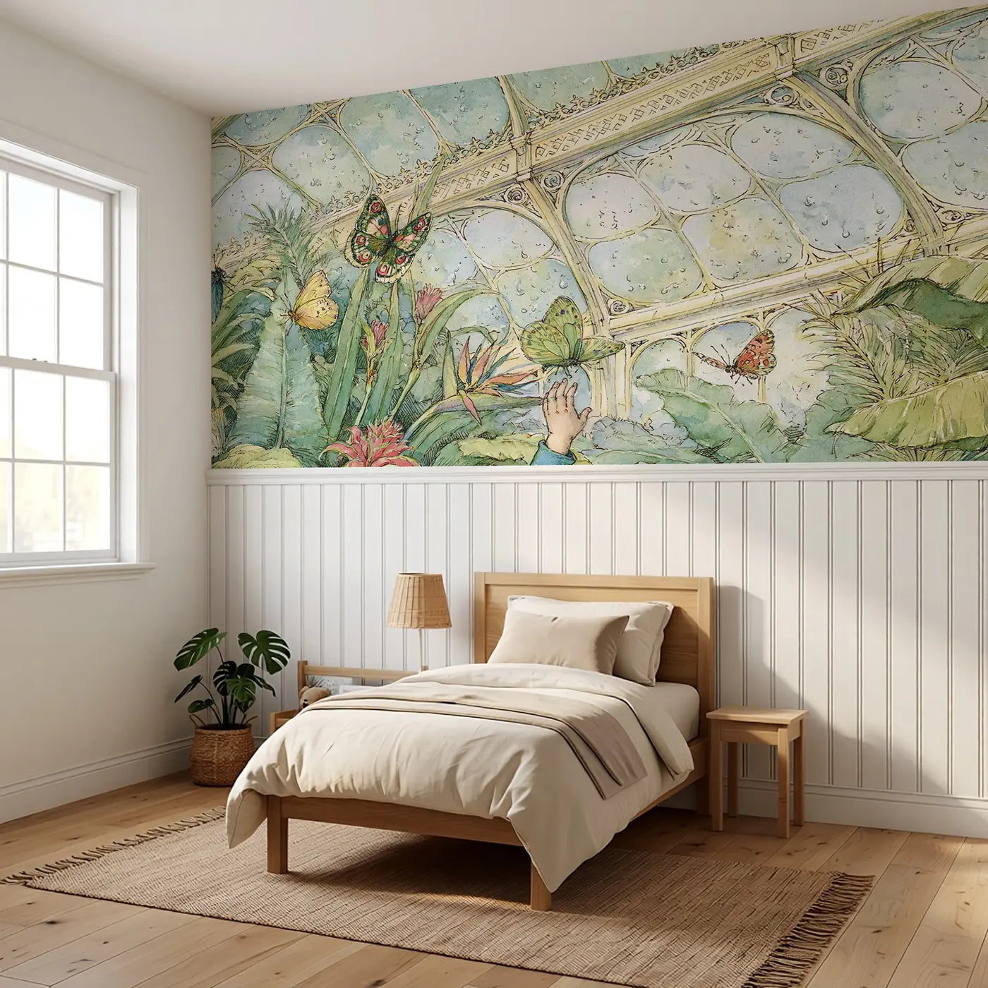 Butterfly Greenhouse Glass Wainscoting Wallpaper styled in a kids bedroom by Whimsy Tots