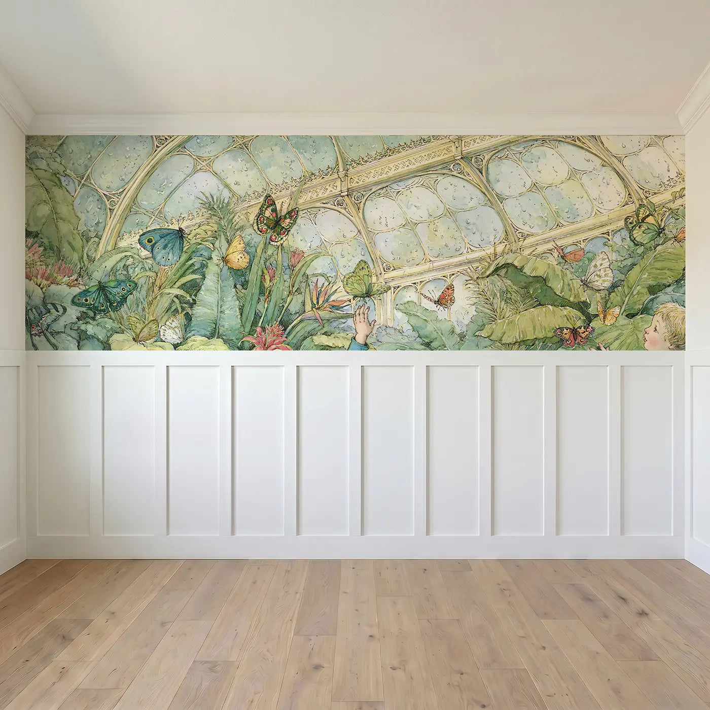 Full panel view of Butterfly Greenhouse Glass Wainscoting Wallpaper by Whimsy Tots