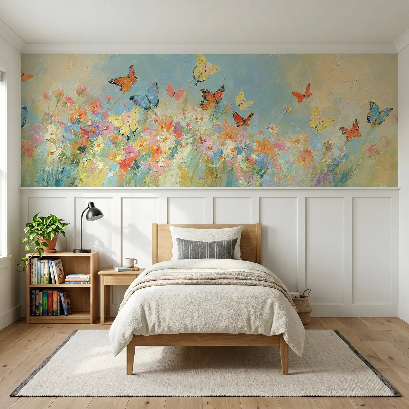 Painted Landscape butterfly meadow oil light wainscoting wallpaper for bedroom by Whimsy Tots