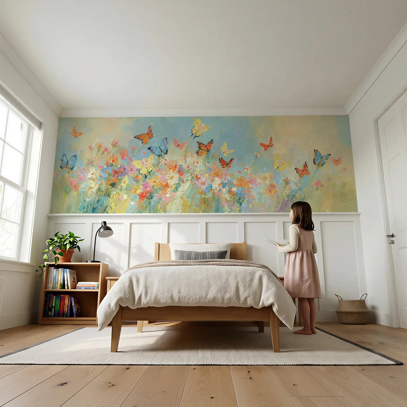 Child reading near Butterfly Meadow Oil Light Wainscoting Wallpaper by Whimsy Tots