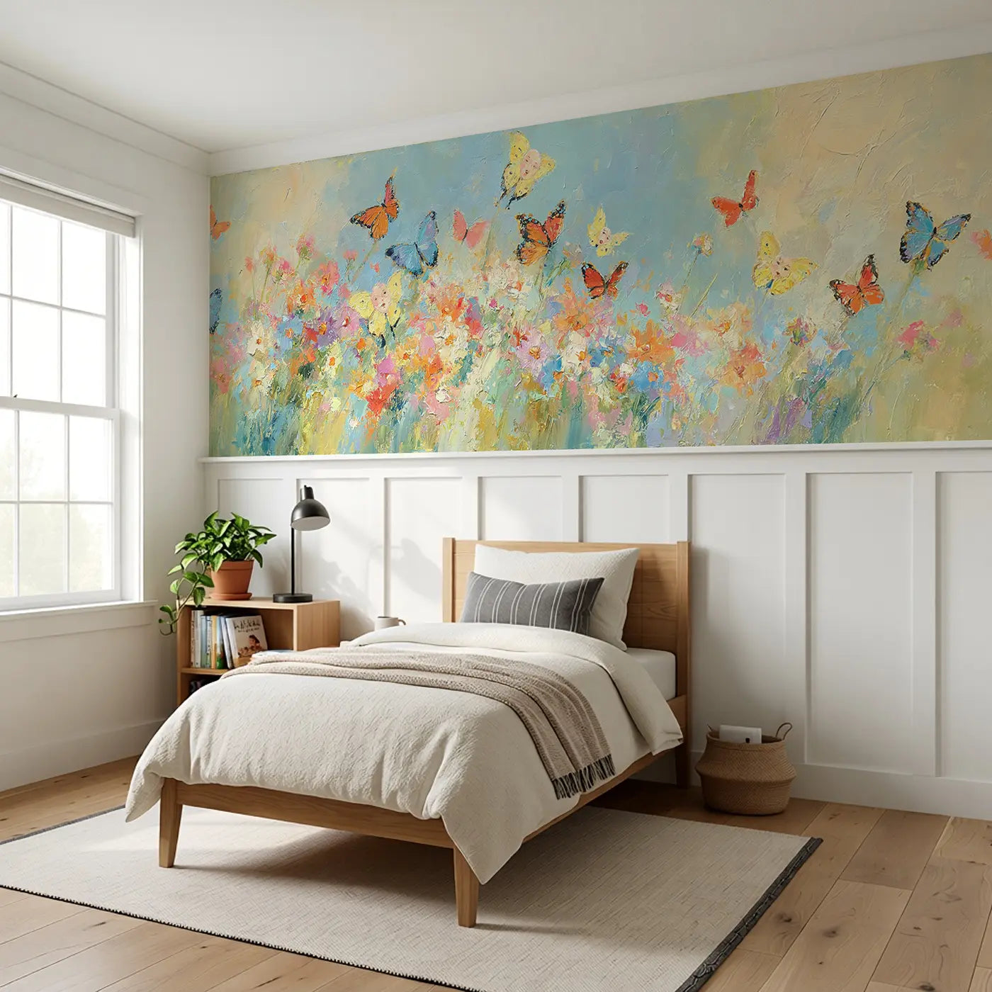 Butterfly Meadow Oil Light Wainscoting Wallpaper styled in a kids bedroom by Whimsy Tots