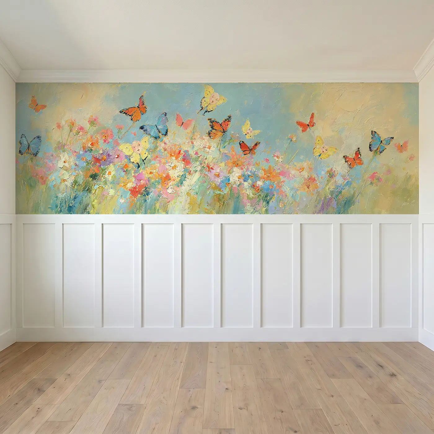 Full panel view of Butterfly Meadow Oil Light Wainscoting Wallpaper by Whimsy Tots