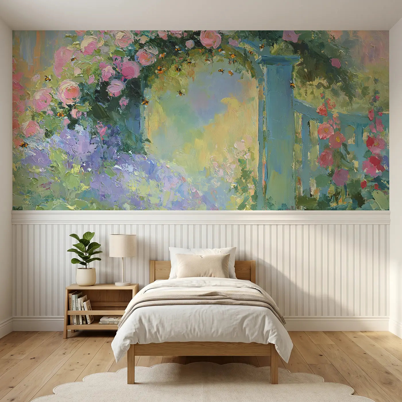 Painted Landscape garden gate bee paradise wainscoting wallpaper for bedroom by Whimsy Tots