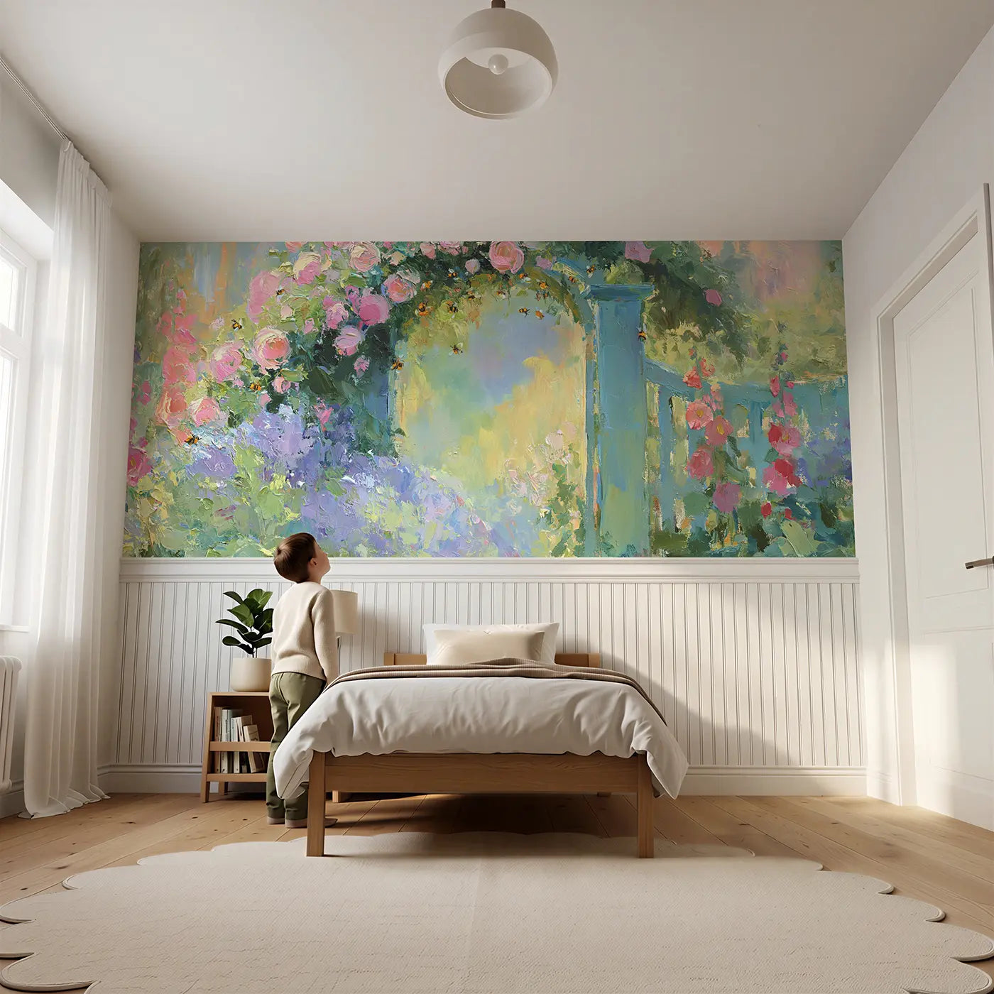 Child reading near Garden Gate Bee Paradise Wainscoting Wallpaper by Whimsy Tots