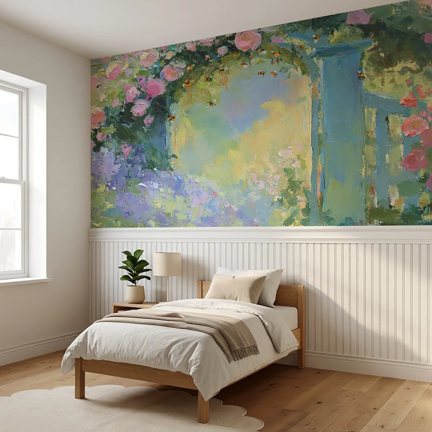 Garden Gate Bee Paradise Wainscoting Wallpaper styled in a kids bedroom by Whimsy Tots