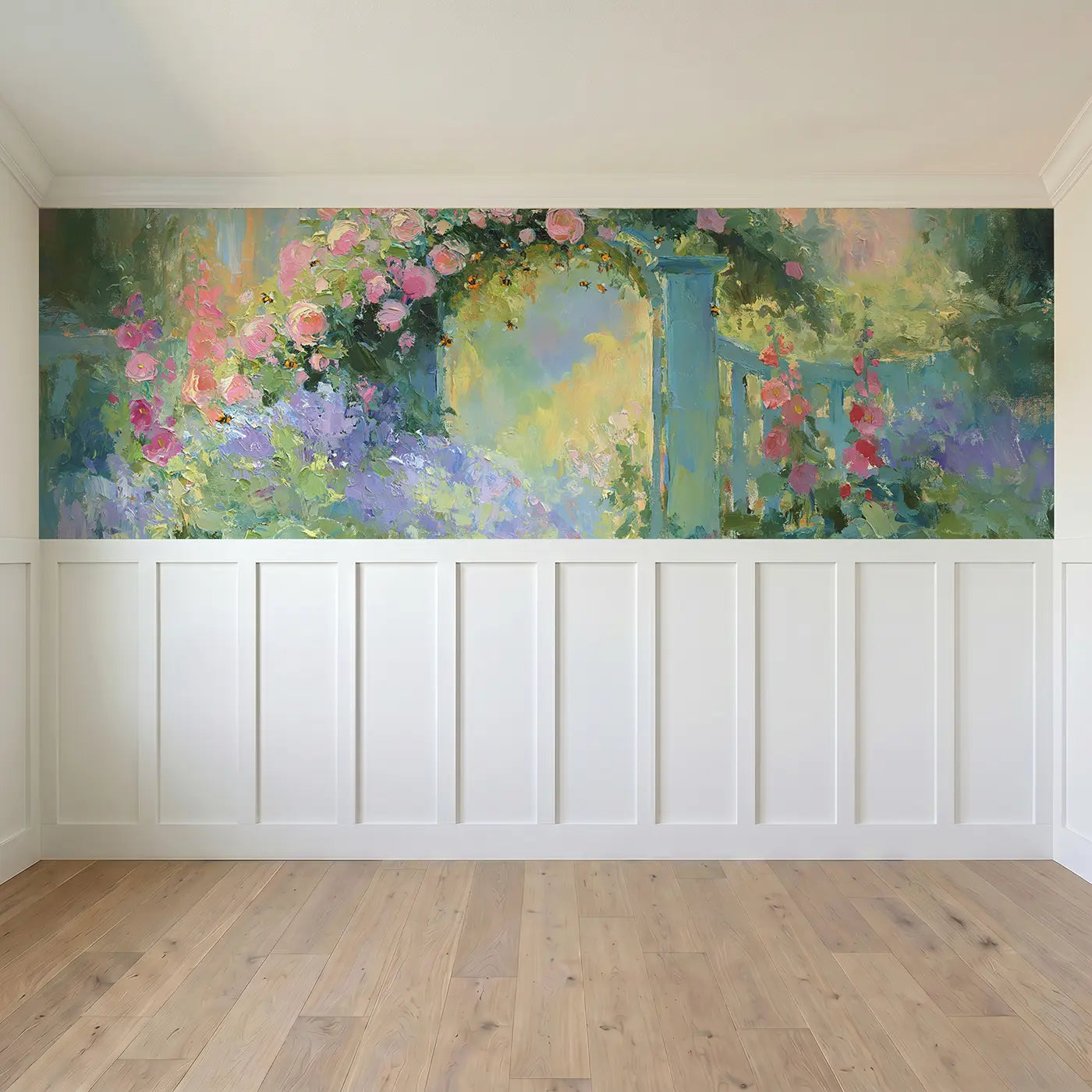Full panel view of Garden Gate Bee Paradise Wainscoting Wallpaper by Whimsy Tots