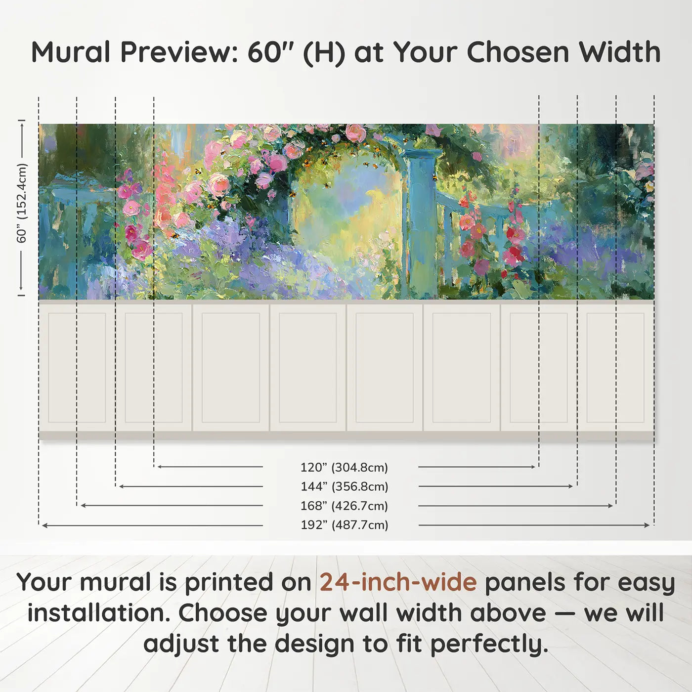 Panel dimensions for Garden Gate Bee Paradise Wainscoting Wallpaper by Whimsy Tots