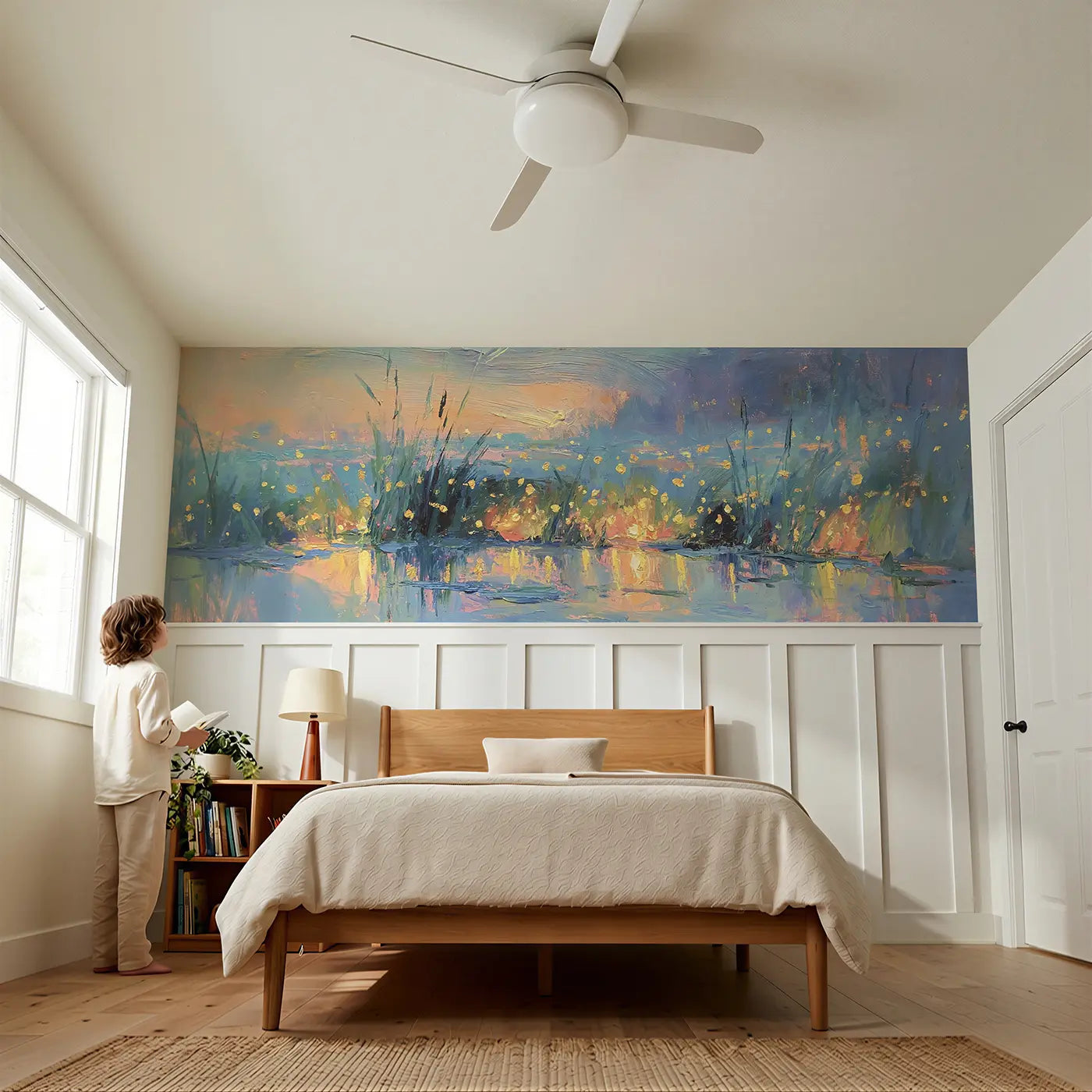 Child reading near Firefly Marsh Twilight Oil Wainscoting Wallpaper by Whimsy Tots