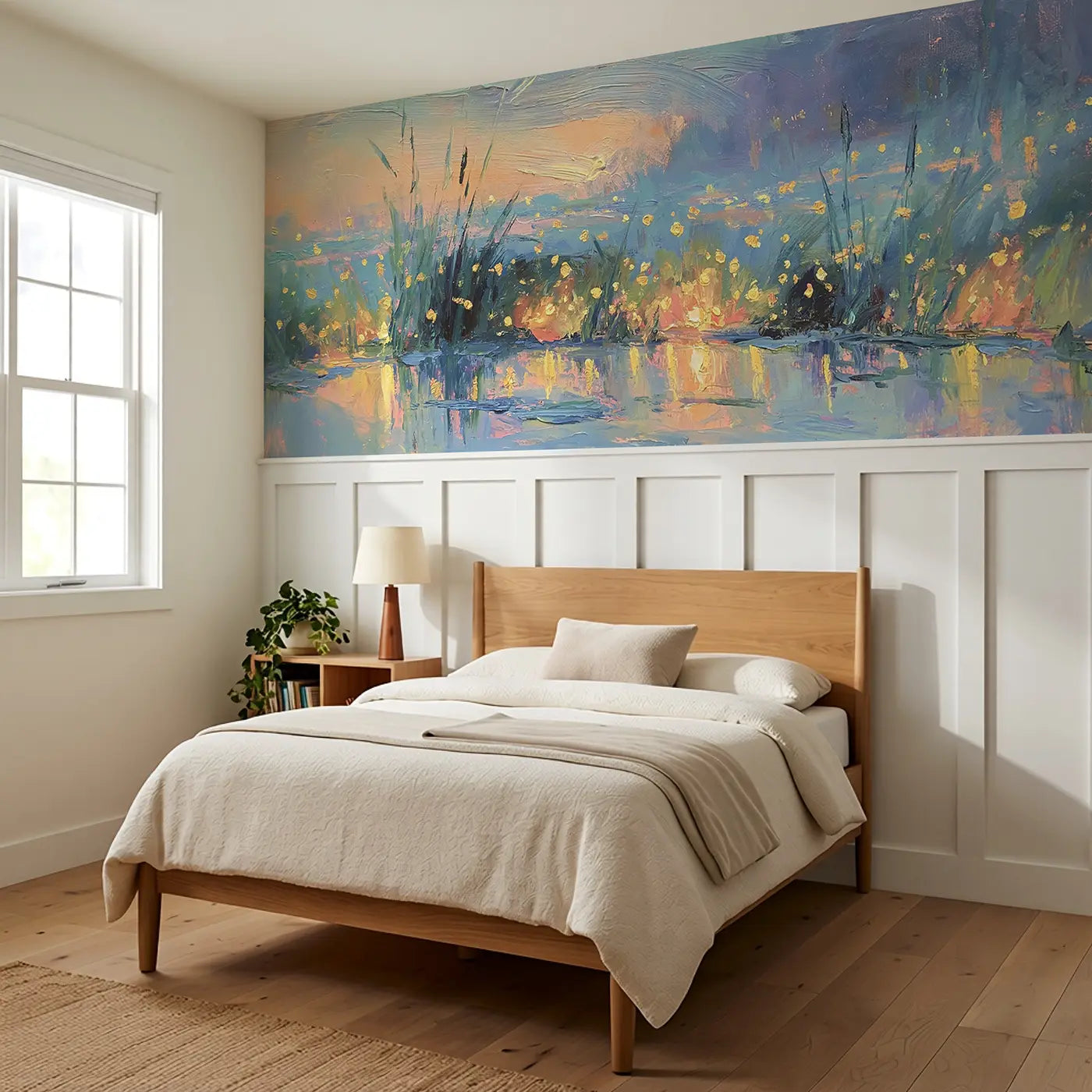 Firefly Marsh Twilight Oil Wainscoting Wallpaper styled in a kids bedroom by Whimsy Tots