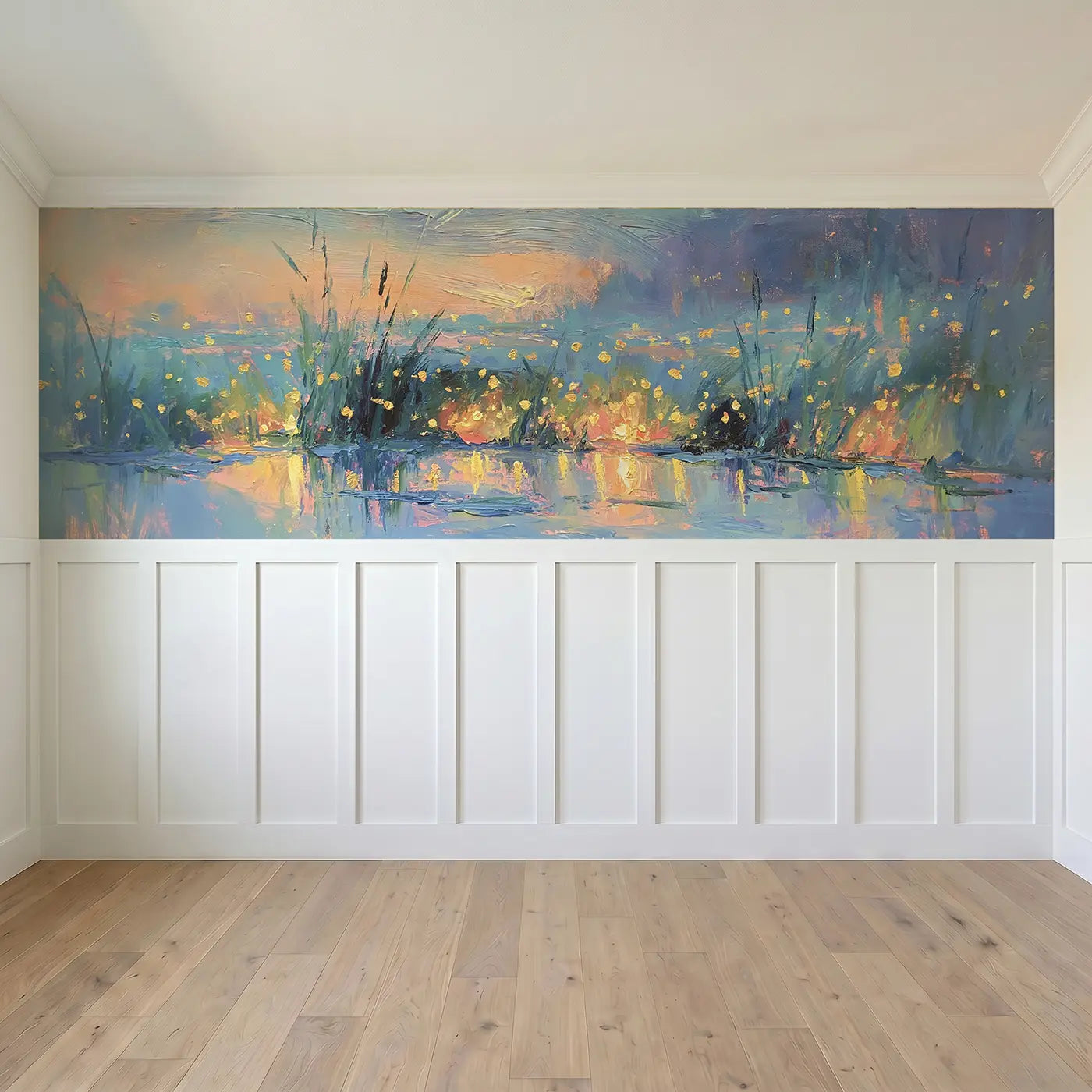 Full panel view of Firefly Marsh Twilight Oil Wainscoting Wallpaper by Whimsy Tots
