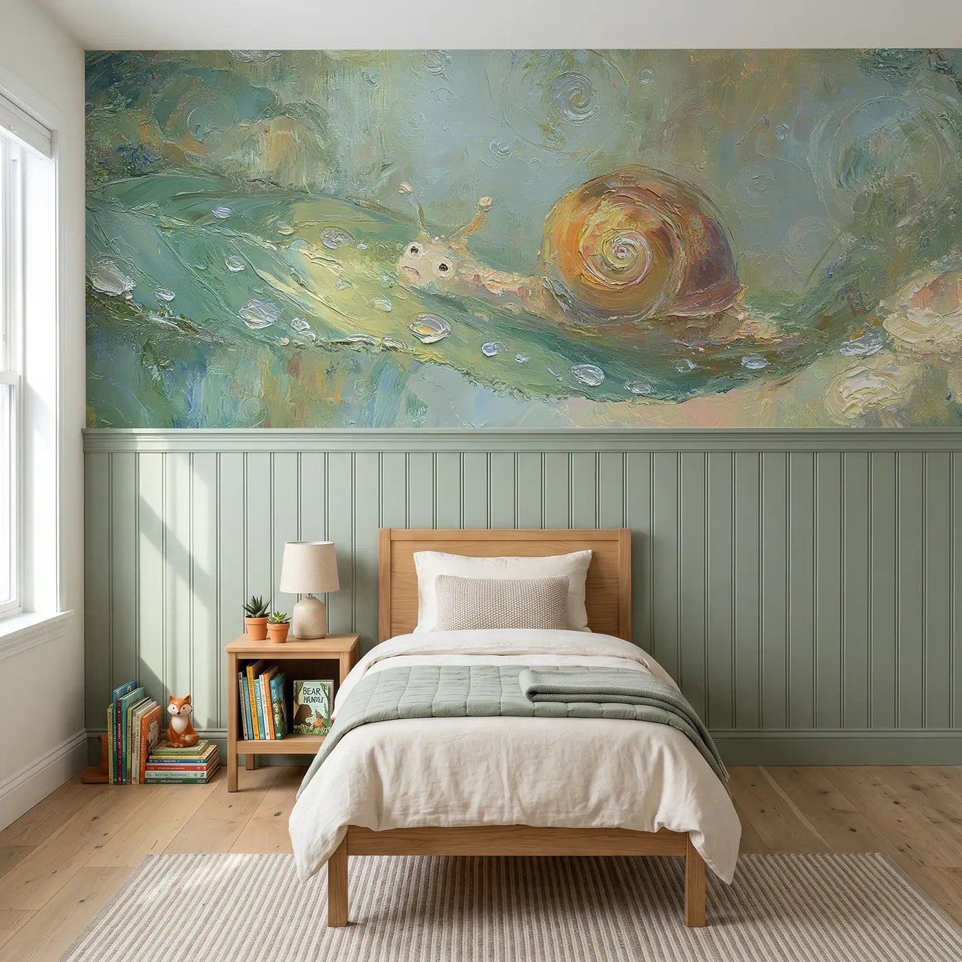 Painted Landscape garden snail rain oil wainscoting wallpaper for nursery by Whimsy Tots