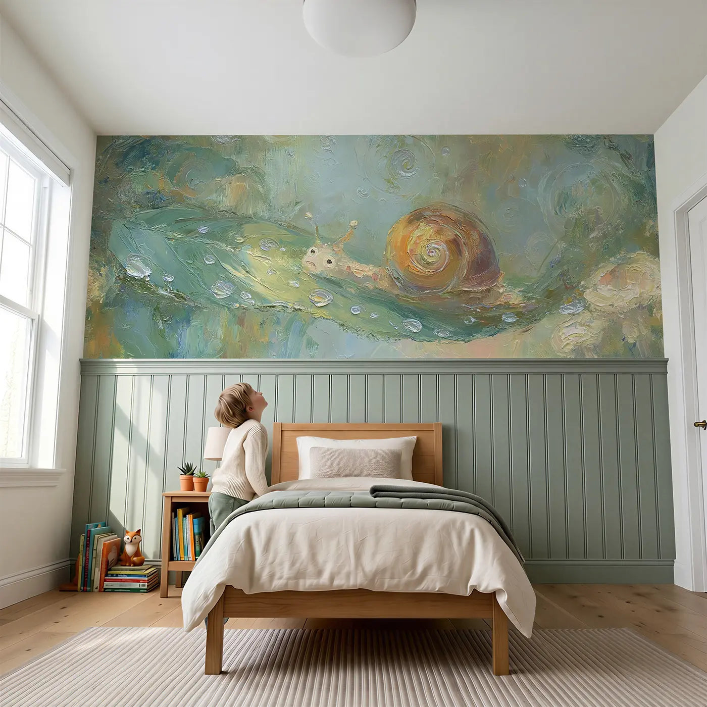 Child reading near Garden Snail Rain Oil Wainscoting Wallpaper by Whimsy Tots