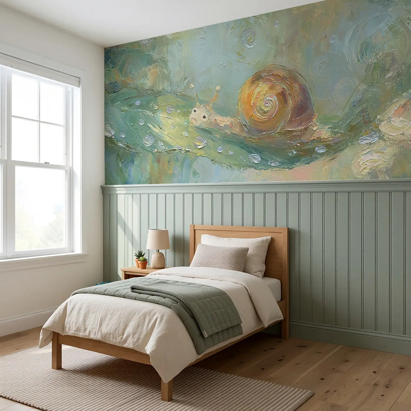 Garden Snail Rain Oil Wainscoting Wallpaper styled in a kids bedroom by Whimsy Tots