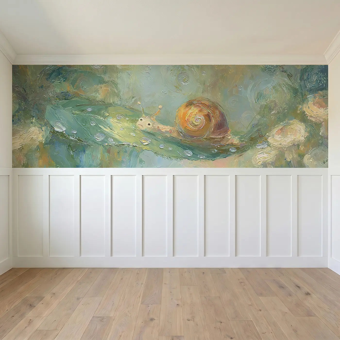 Full panel view of Garden Snail Rain Oil Wainscoting Wallpaper by Whimsy Tots