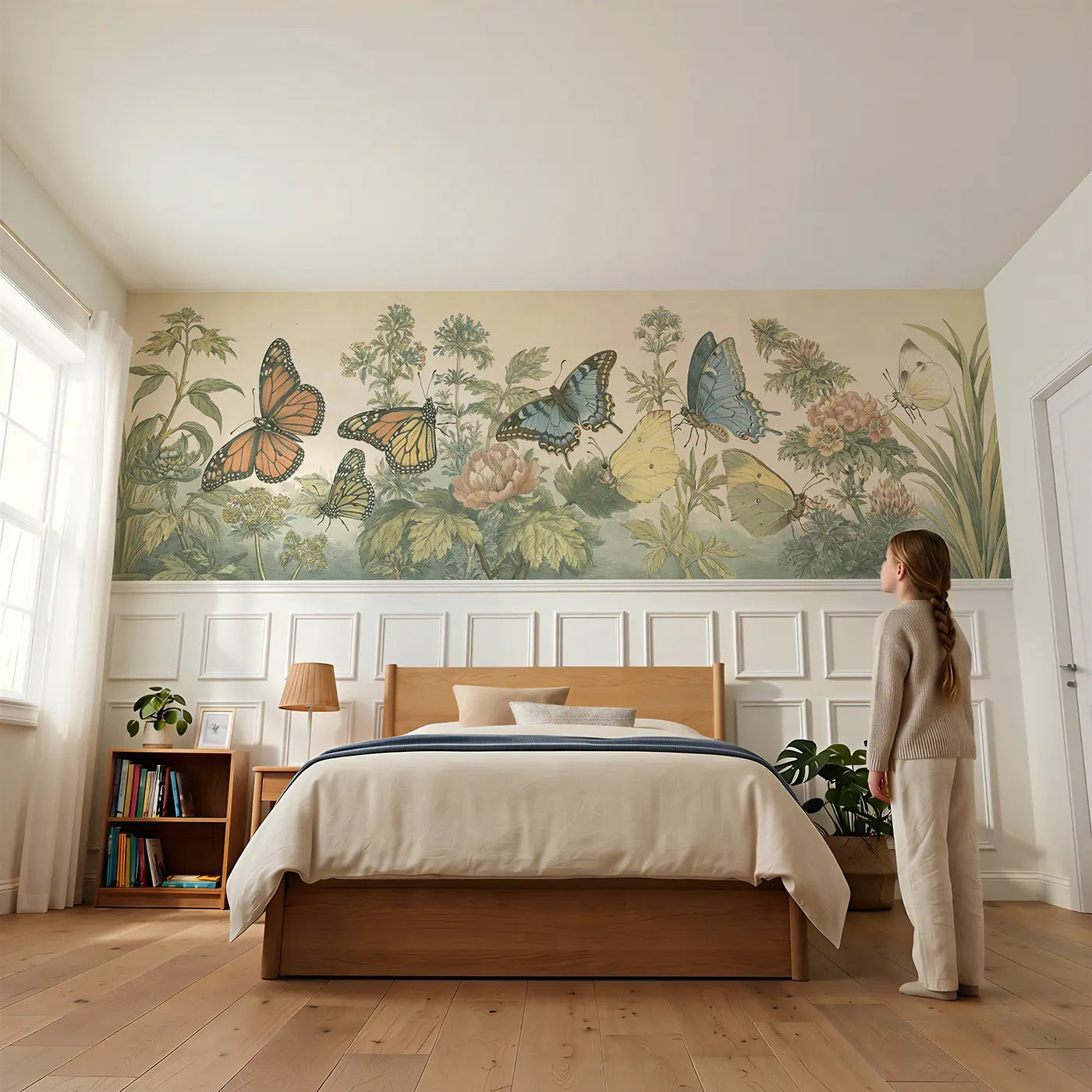 Child reading near Butterfly Botanical Specimen Wainscoting Wallpaper by Whimsy Tots
