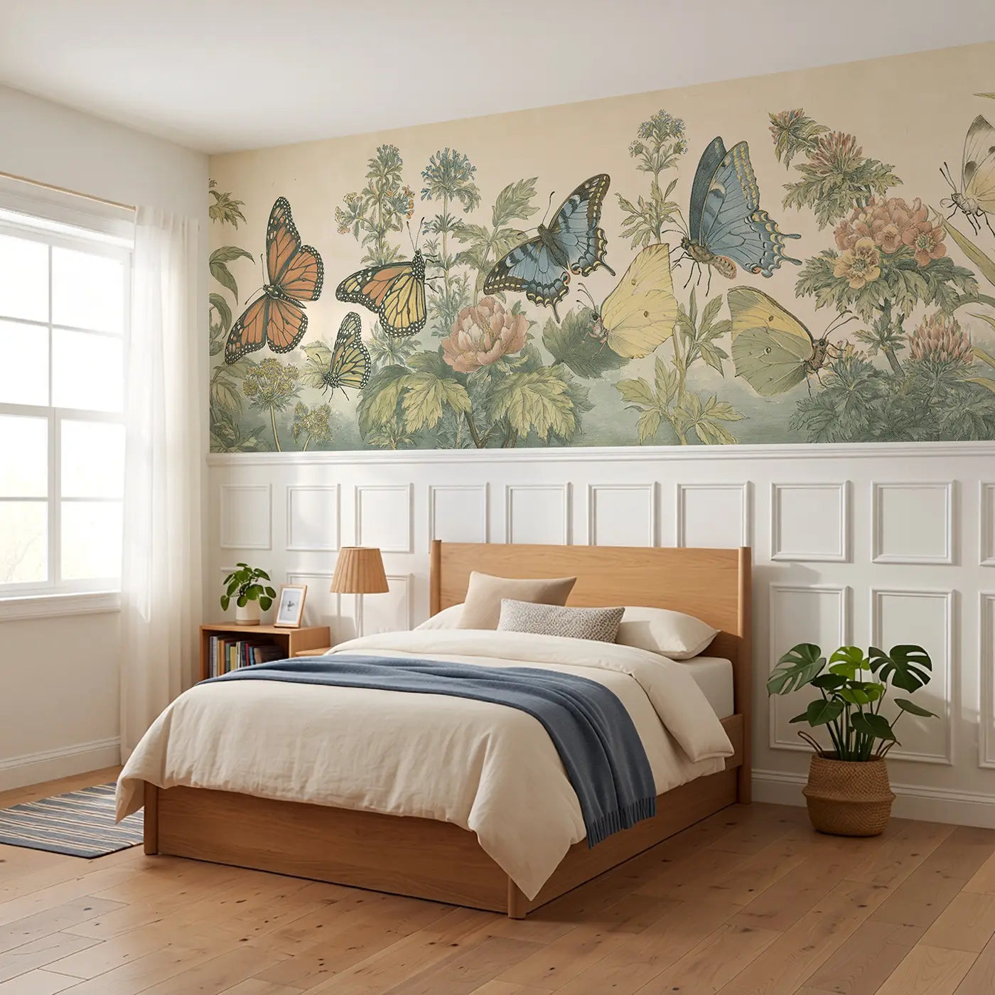 Butterfly Botanical Specimen Wainscoting Wallpaper styled in a kids bedroom by Whimsy Tots