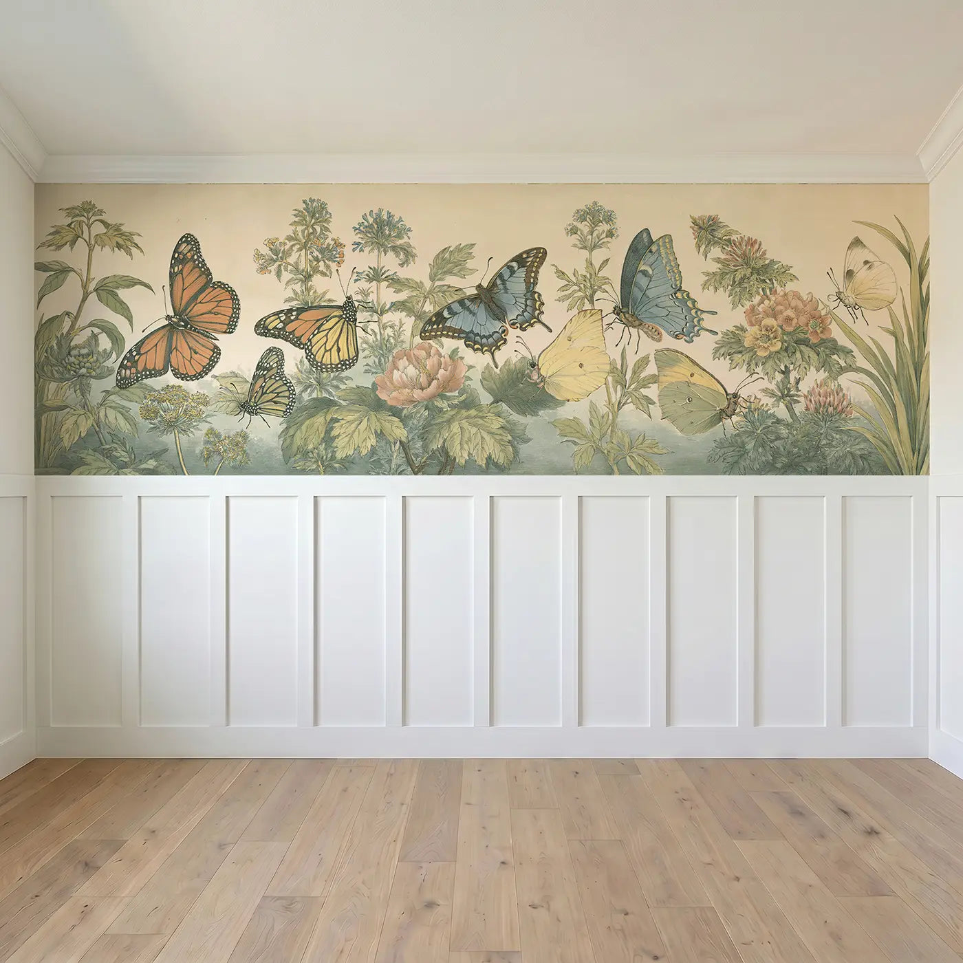 Full panel view of Butterfly Botanical Specimen Wainscoting Wallpaper by Whimsy Tots