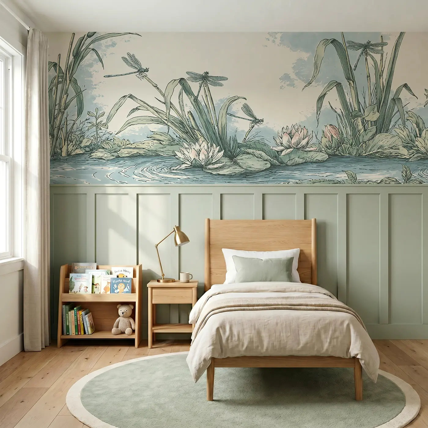 Botanical Elegance dragonfly reed pond toile wainscoting wallpaper for nursery by Whimsy Tots