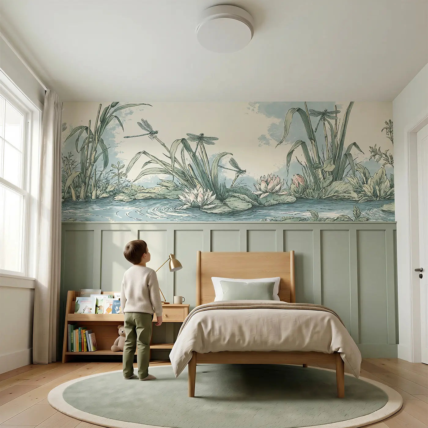 Child reading near Dragonfly Reed Pond Toile Wainscoting Wallpaper by Whimsy Tots