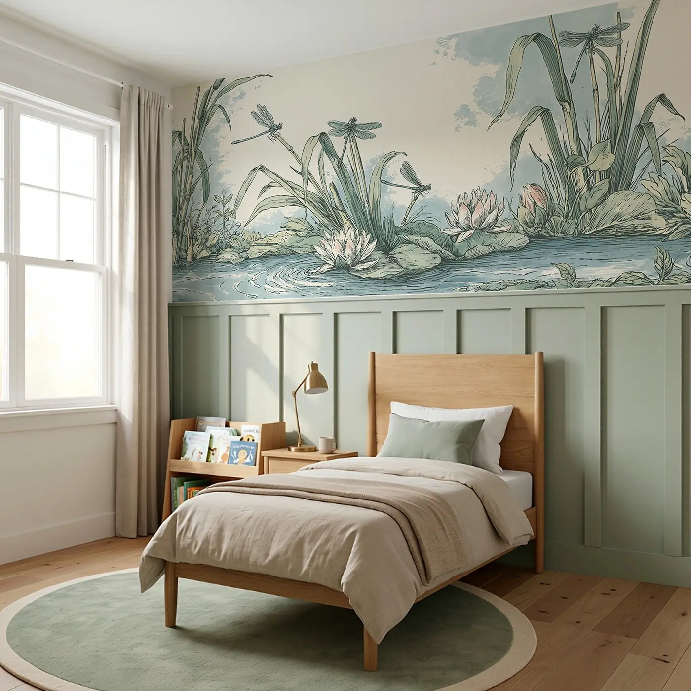 Dragonfly Reed Pond Toile Wainscoting Wallpaper styled in a kids bedroom by Whimsy Tots