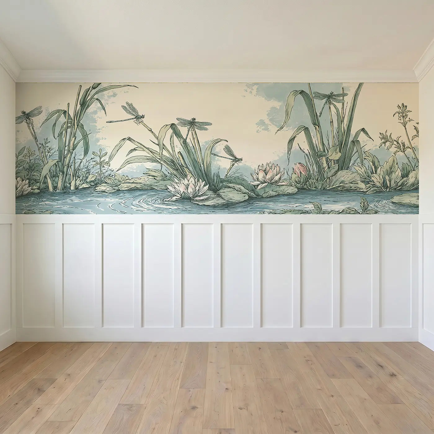 Full panel view of Dragonfly Reed Pond Toile Wainscoting Wallpaper by Whimsy Tots