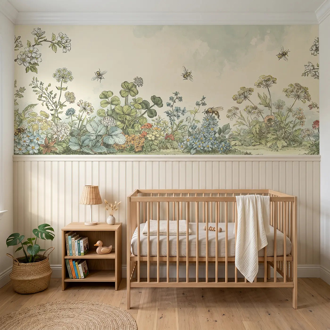 Botanical Elegance honeycomb bee garden toile wainscoting wallpaper for nursery by Whimsy Tots