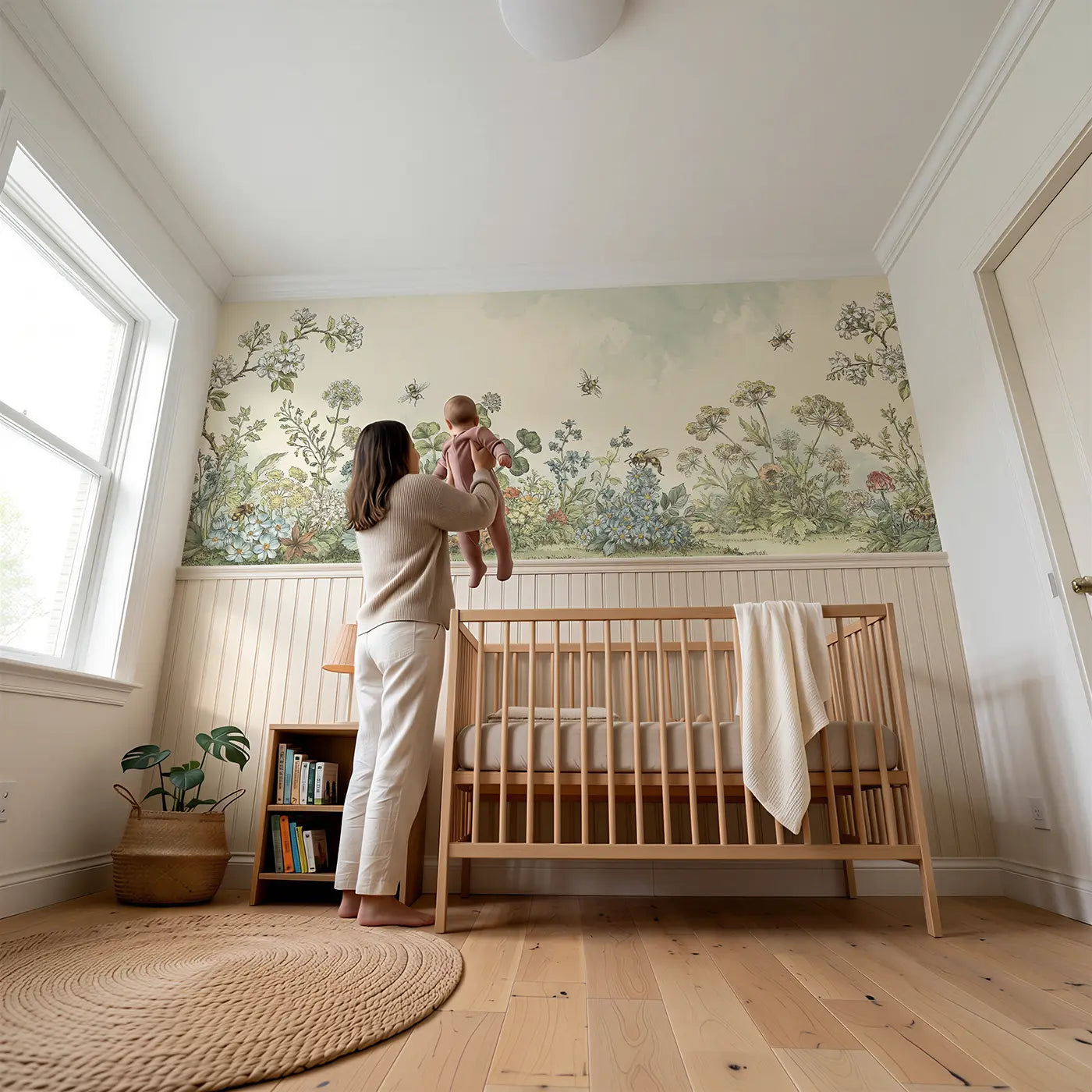 Child reading near Honeycomb Bee Garden Toile Wainscoting Wallpaper by Whimsy Tots