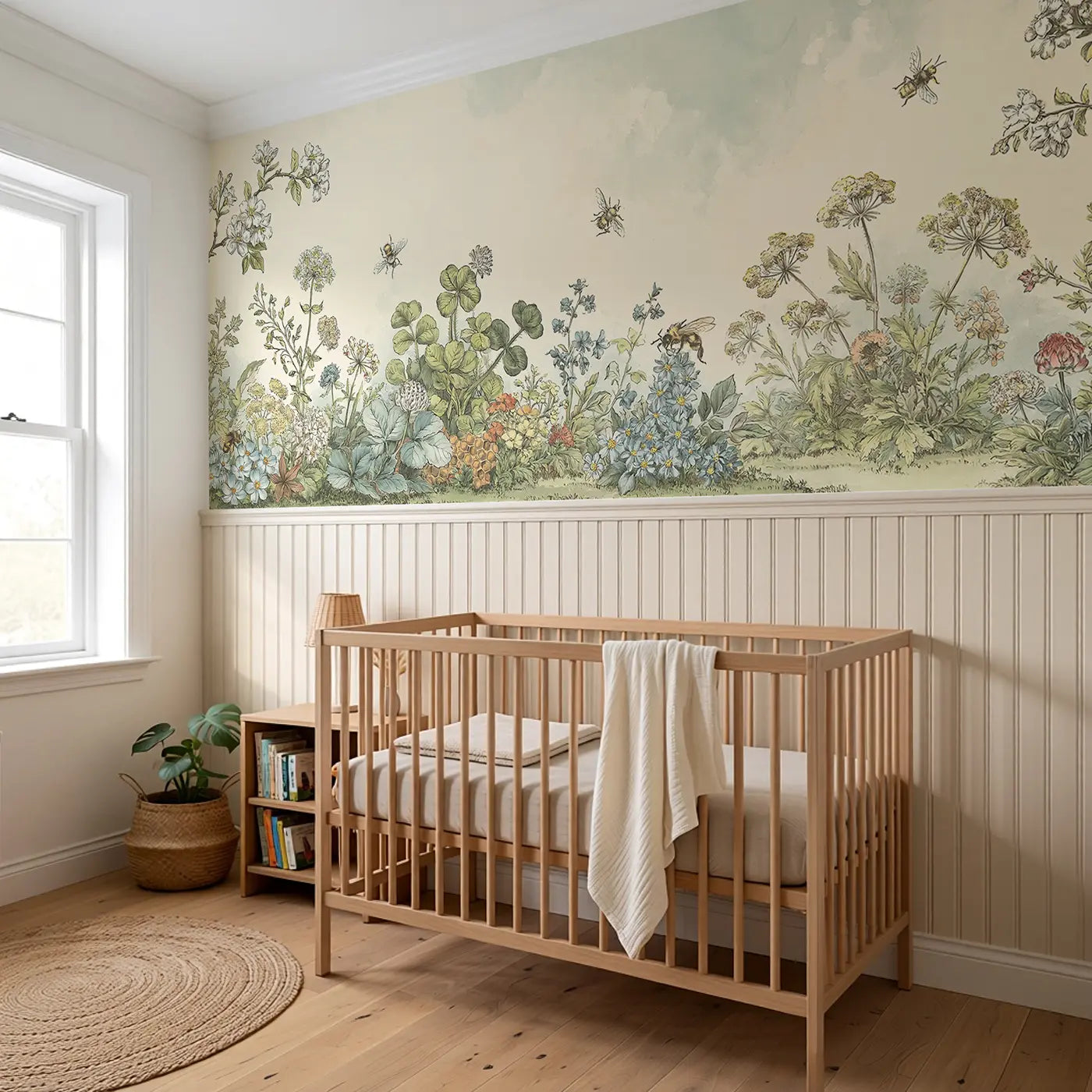 Honeycomb Bee Garden Toile Wainscoting Wallpaper styled in a kids bedroom by Whimsy Tots