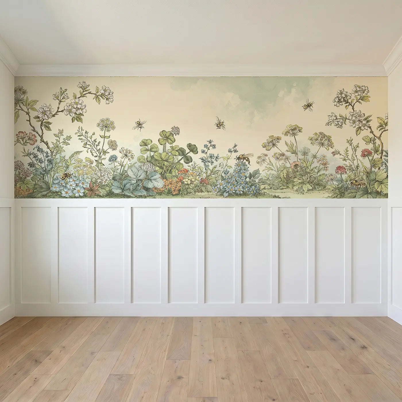 Full panel view of Honeycomb Bee Garden Toile Wainscoting Wallpaper by Whimsy Tots