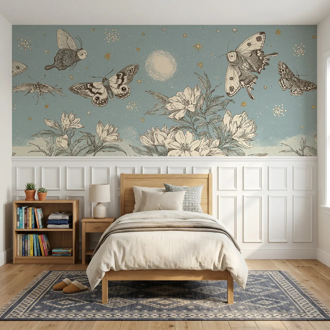 Botanical Elegance moth moon garden night wainscoting wallpaper for bedroom by Whimsy Tots