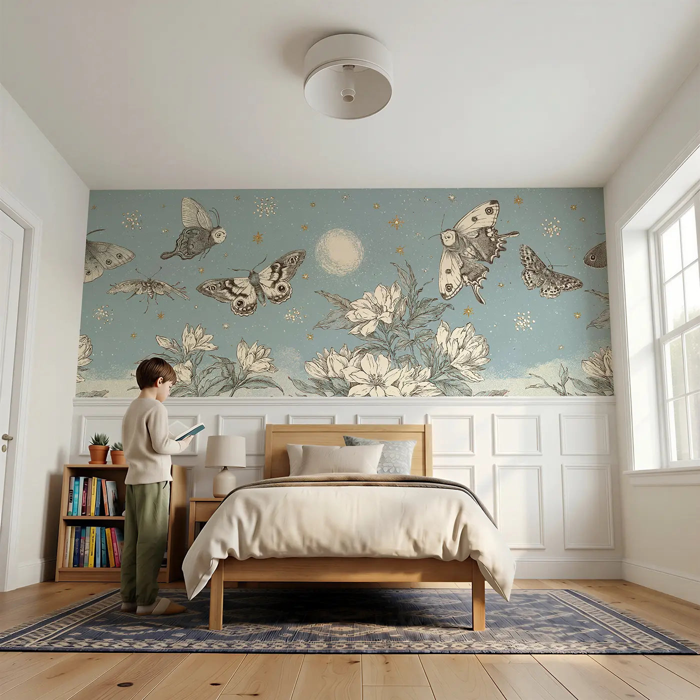 Child reading near Moth Moon Garden Night Wainscoting Wallpaper by Whimsy Tots