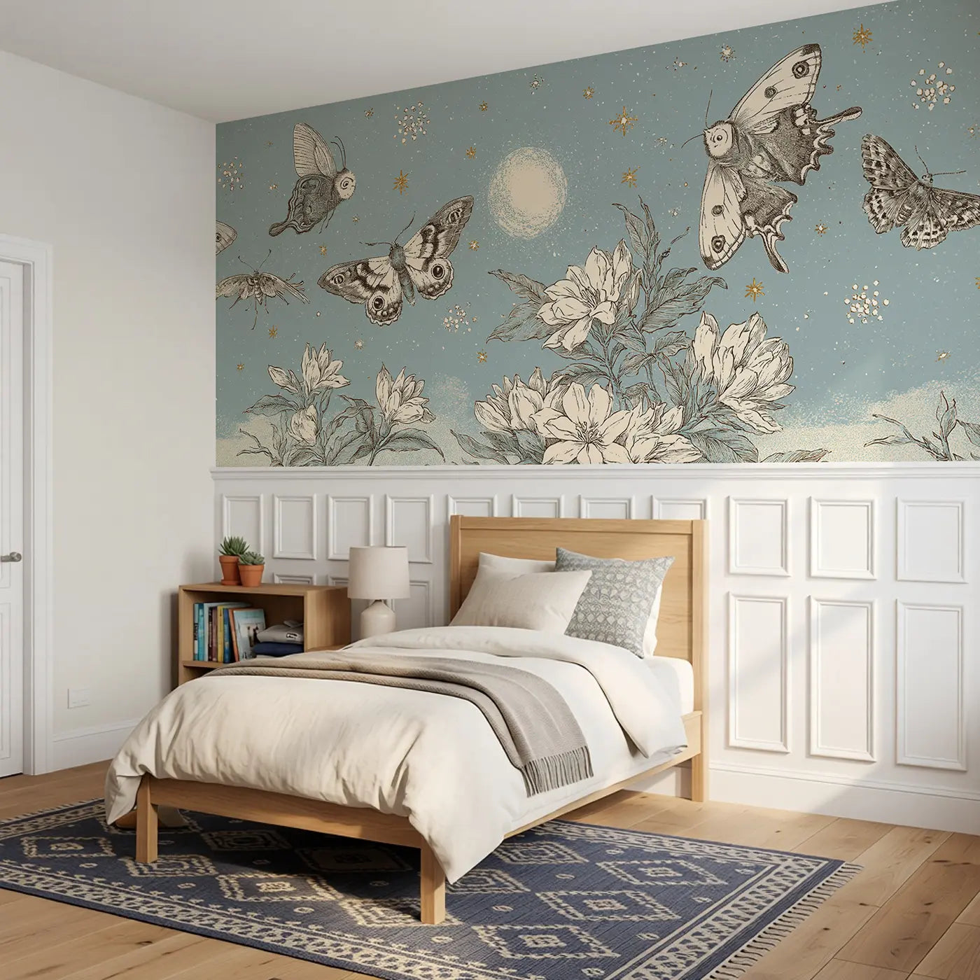 Moth Moon Garden Night Wainscoting Wallpaper styled in a kids bedroom by Whimsy Tots