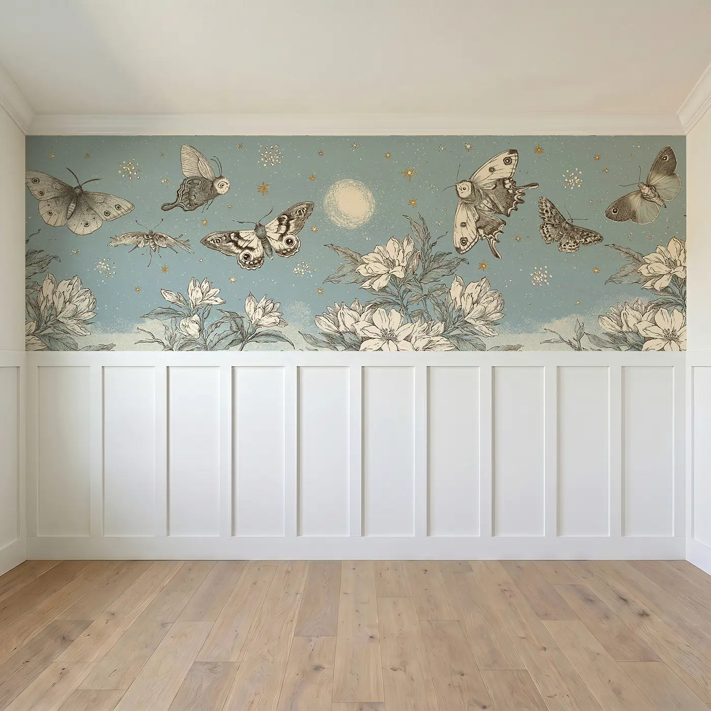 Full panel view of Moth Moon Garden Night Wainscoting Wallpaper by Whimsy Tots
