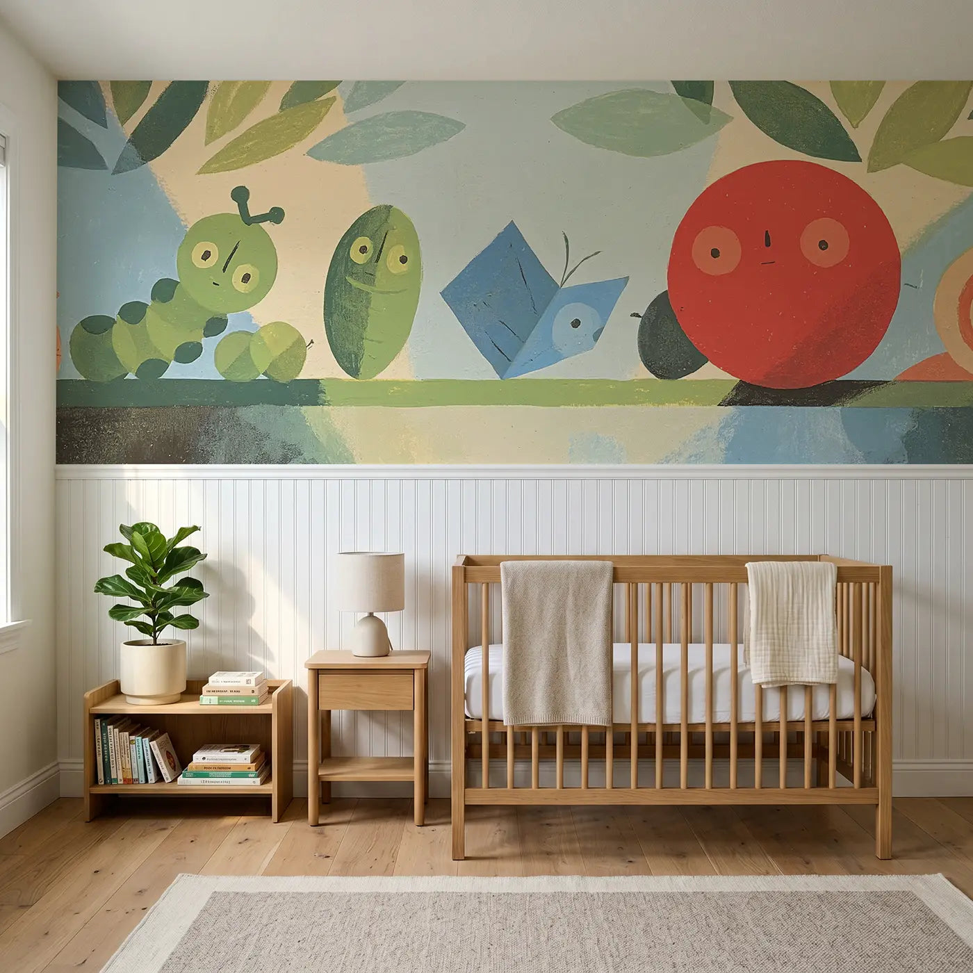 Modern Illustration graphic bug parade row wainscoting wallpaper for nursery by Whimsy Tots