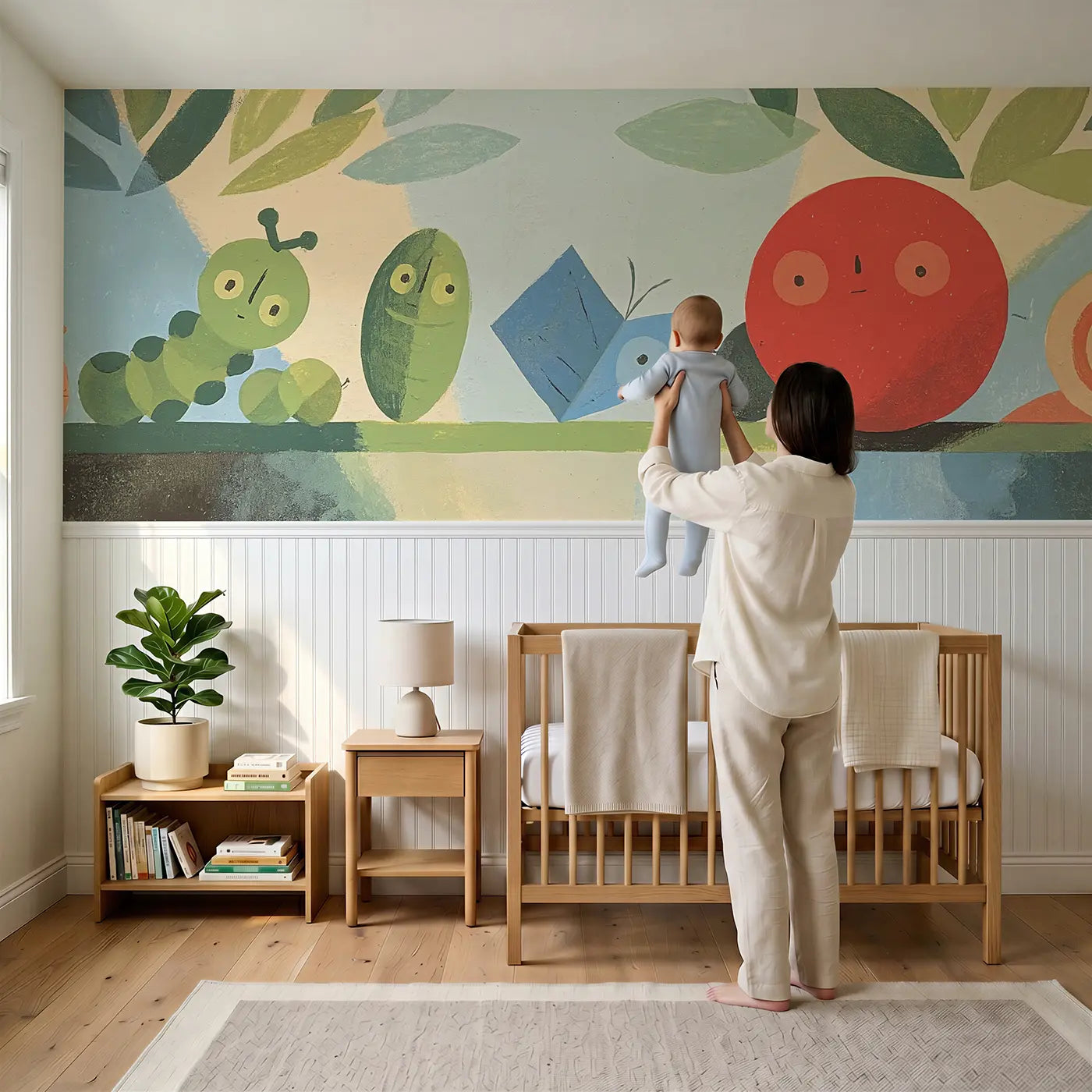 Child reading near Graphic Bug Parade Row Wainscoting Wallpaper by Whimsy Tots