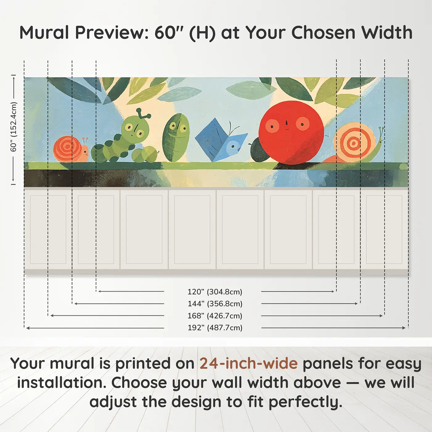 Panel dimensions for Graphic Bug Parade Row Wainscoting Wallpaper by Whimsy Tots