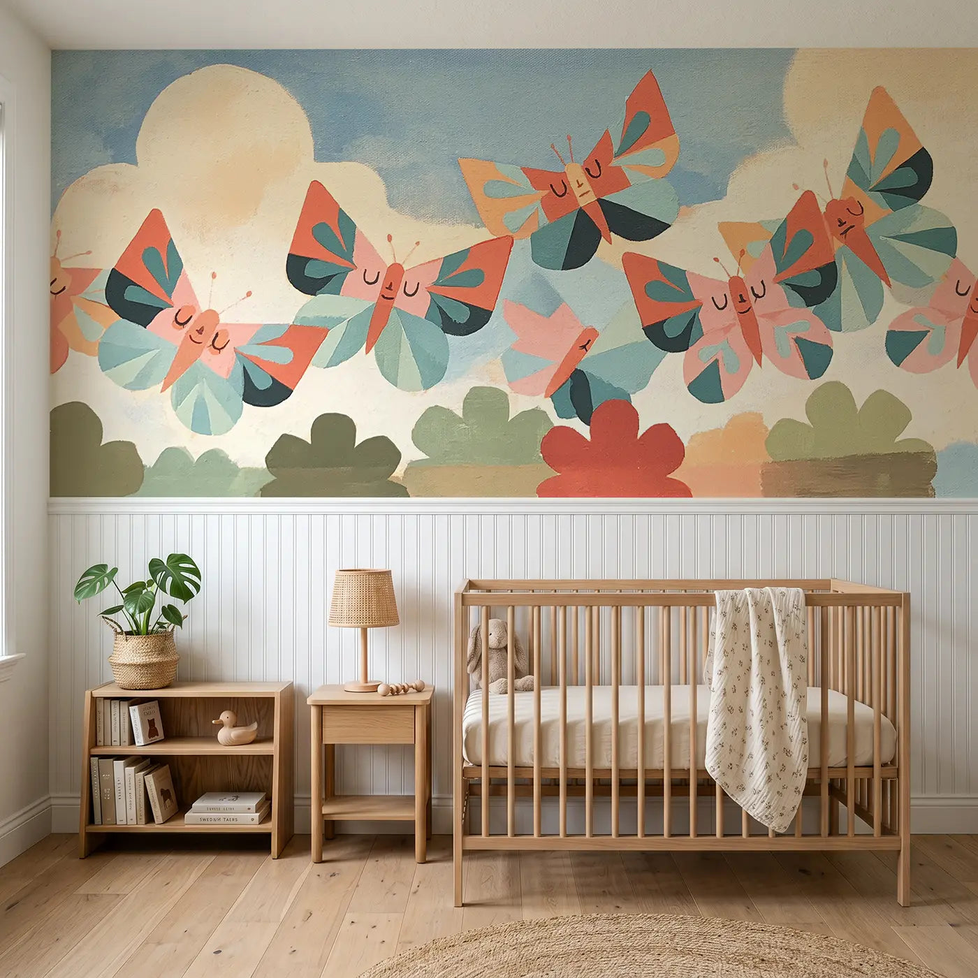 Modern Illustration flat butterfly garden bold wainscoting wallpaper for nursery by Whimsy Tots
