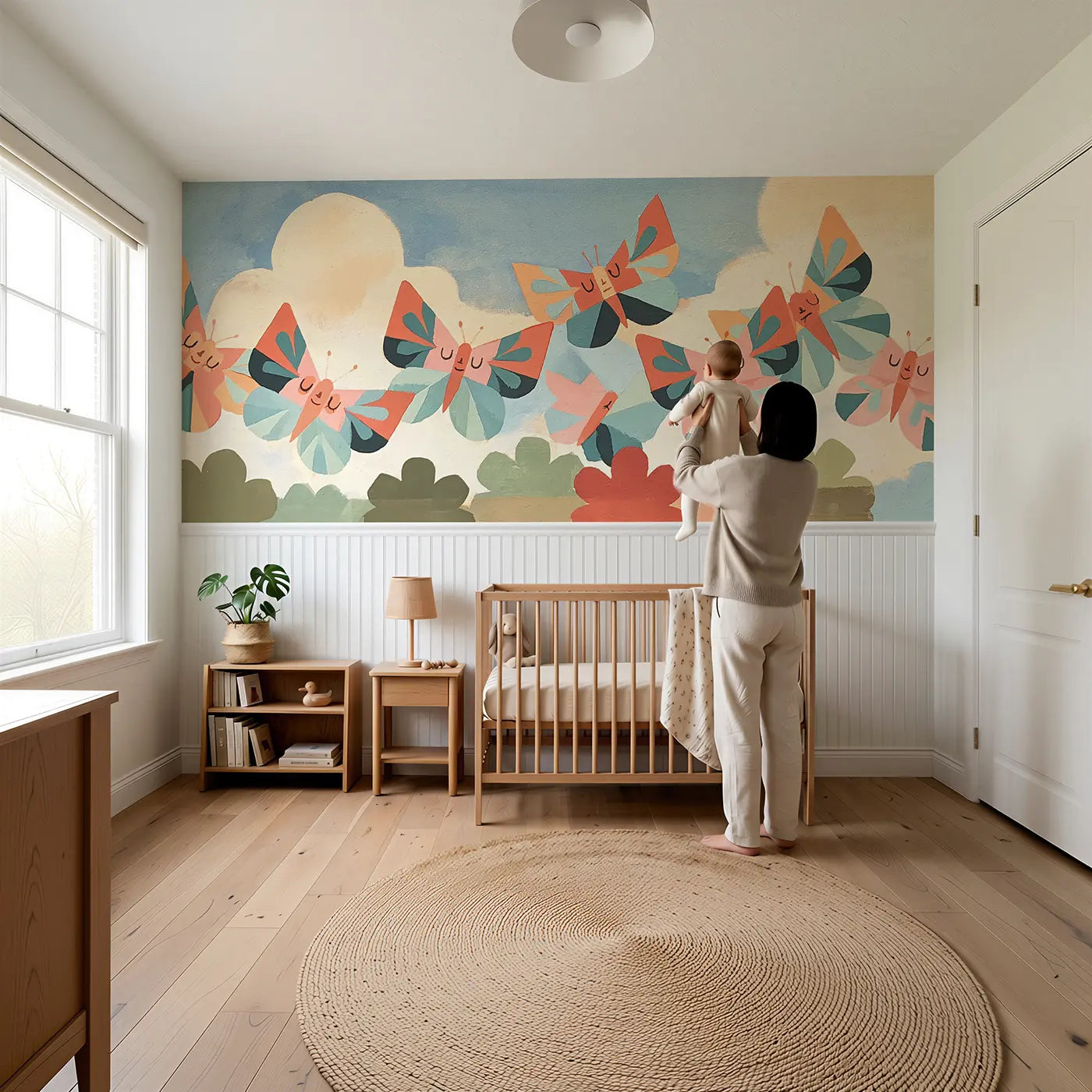 Child reading near Flat Butterfly Garden Bold Wainscoting Wallpaper by Whimsy Tots