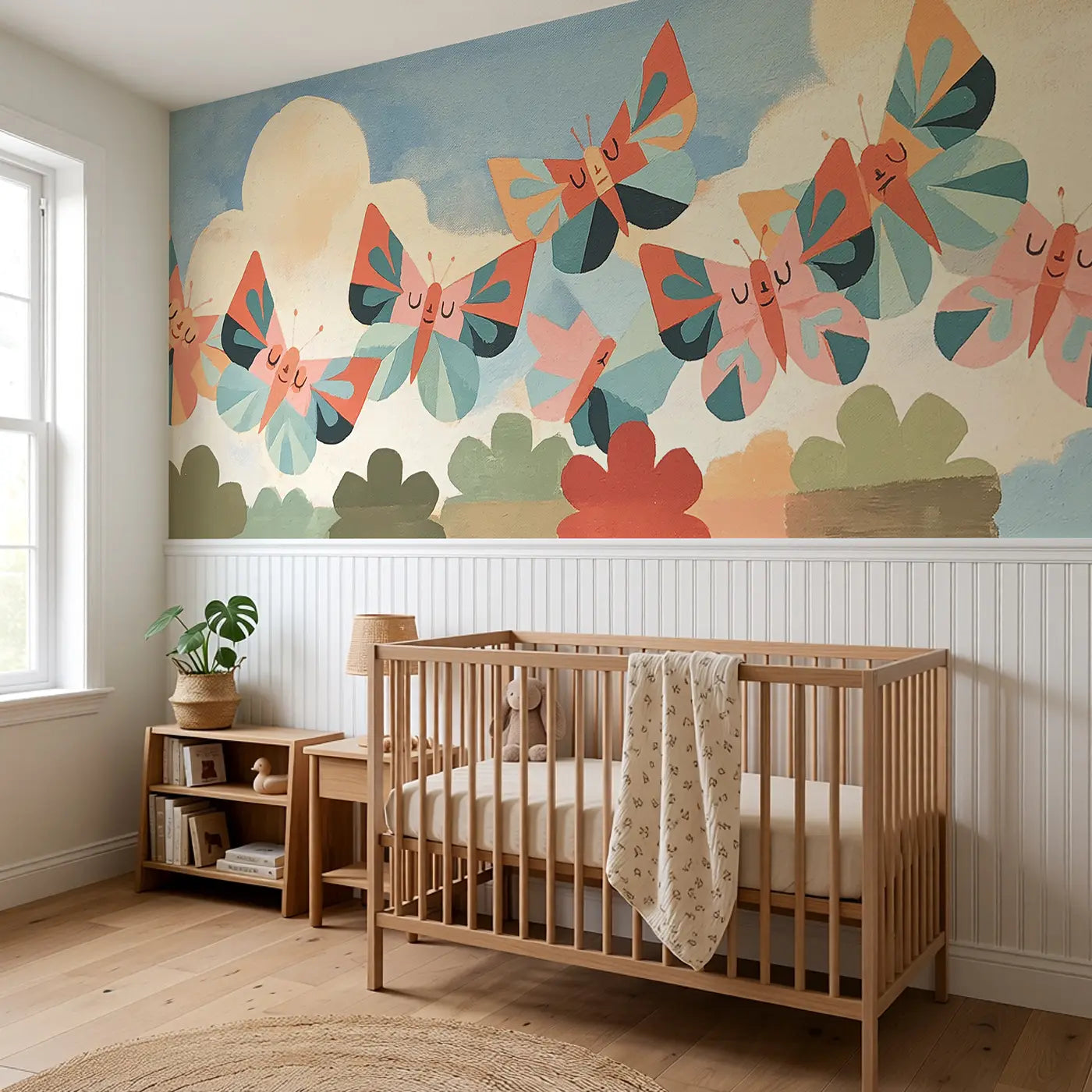 Flat Butterfly Garden Bold Wainscoting Wallpaper styled in a kids bedroom by Whimsy Tots