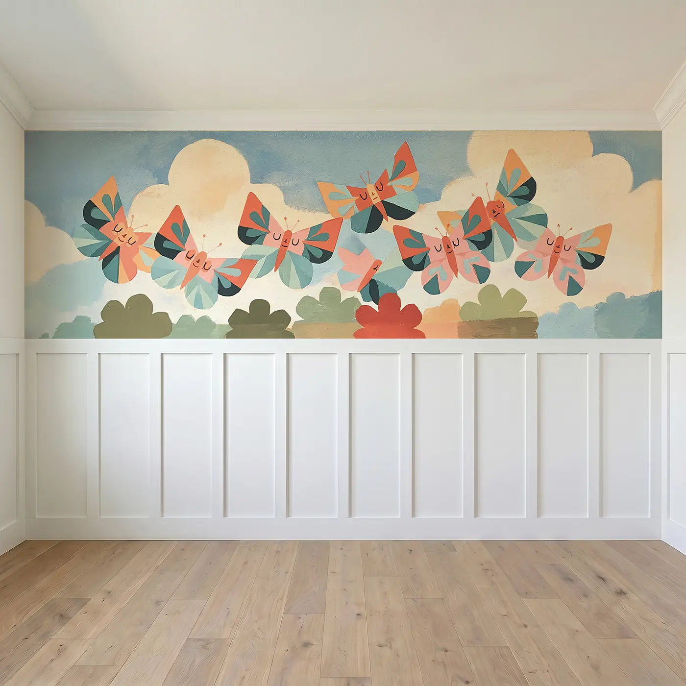 Full panel view of Flat Butterfly Garden Bold Wainscoting Wallpaper by Whimsy Tots