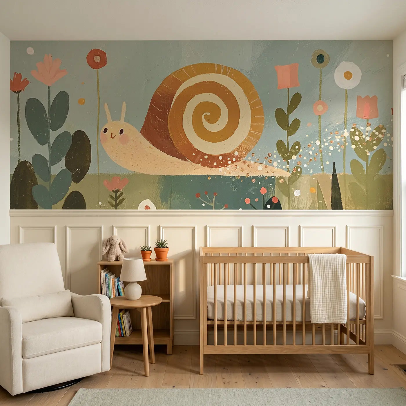 Modern Illustration Scandi snail garden slow wainscoting wallpaper for nursery by Whimsy Tots