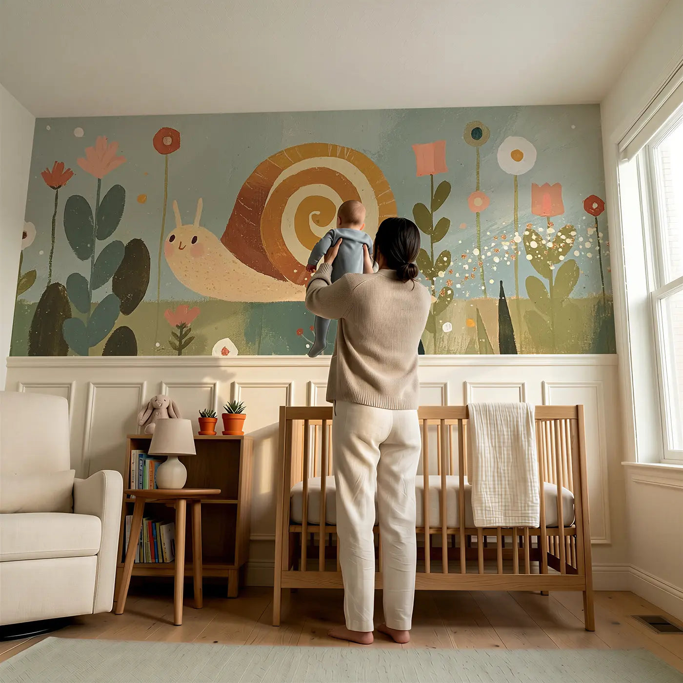 Child reading near Scandi Snail Garden Slow Wainscoting Wallpaper by Whimsy Tots