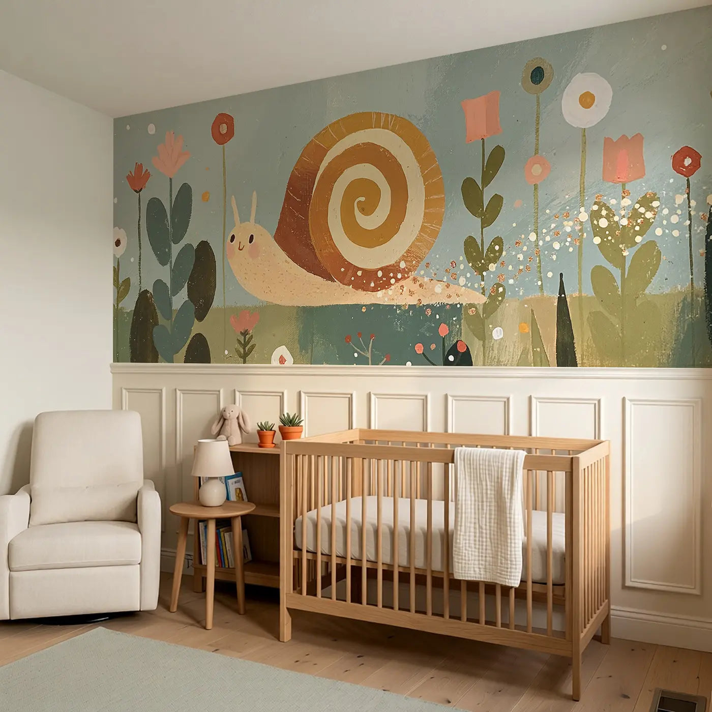 Scandi Snail Garden Slow Wainscoting Wallpaper styled in a kids bedroom by Whimsy Tots